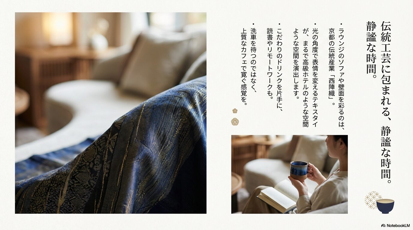 京都の伝統産業である西陣織のテキスタイルを使用したレクサス西大路の上質なラウンジ空間の紹介