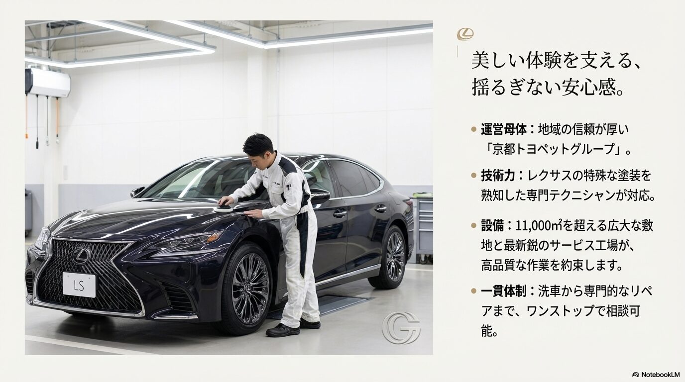 レクサスの特殊な塗装を熟知した専門テクニシャンがLSの作業を行う様子と、11,000平米を超えるサービス工場の紹介