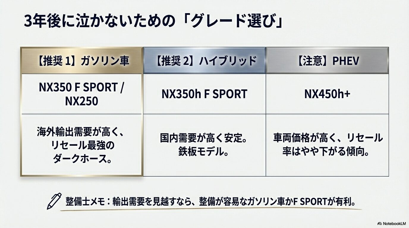 NX350 F SPORTなどのガソリン車がリセール最強、ハイブリッドは鉄板、PHEVはリセール率に注意が必要であることを示すグレード別比較表