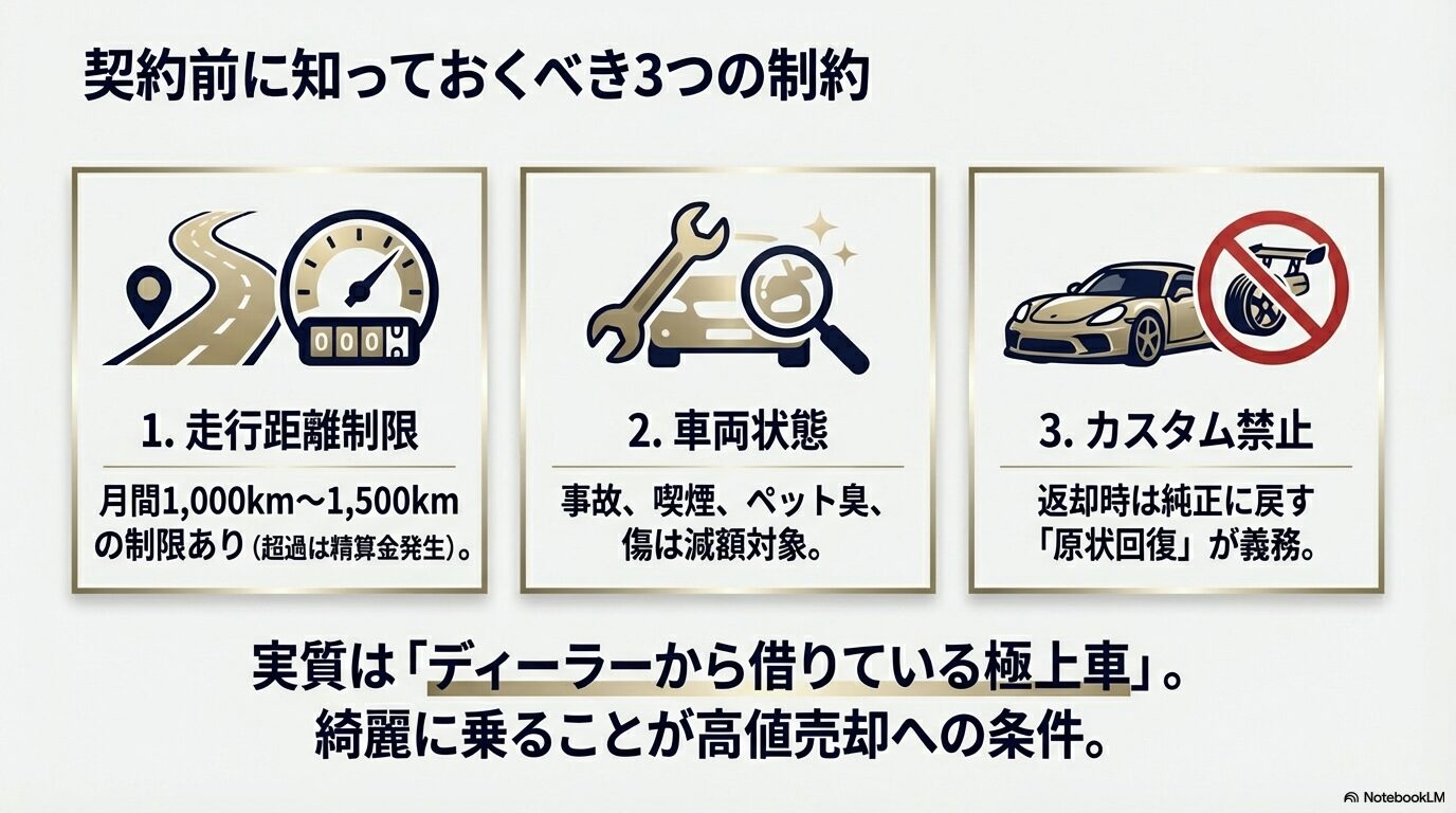 走行距離制限、車両状態(事故・喫煙・ペット)、カスタム禁止という残クレ利用時の3つの制約を説明するアイコンとイラスト