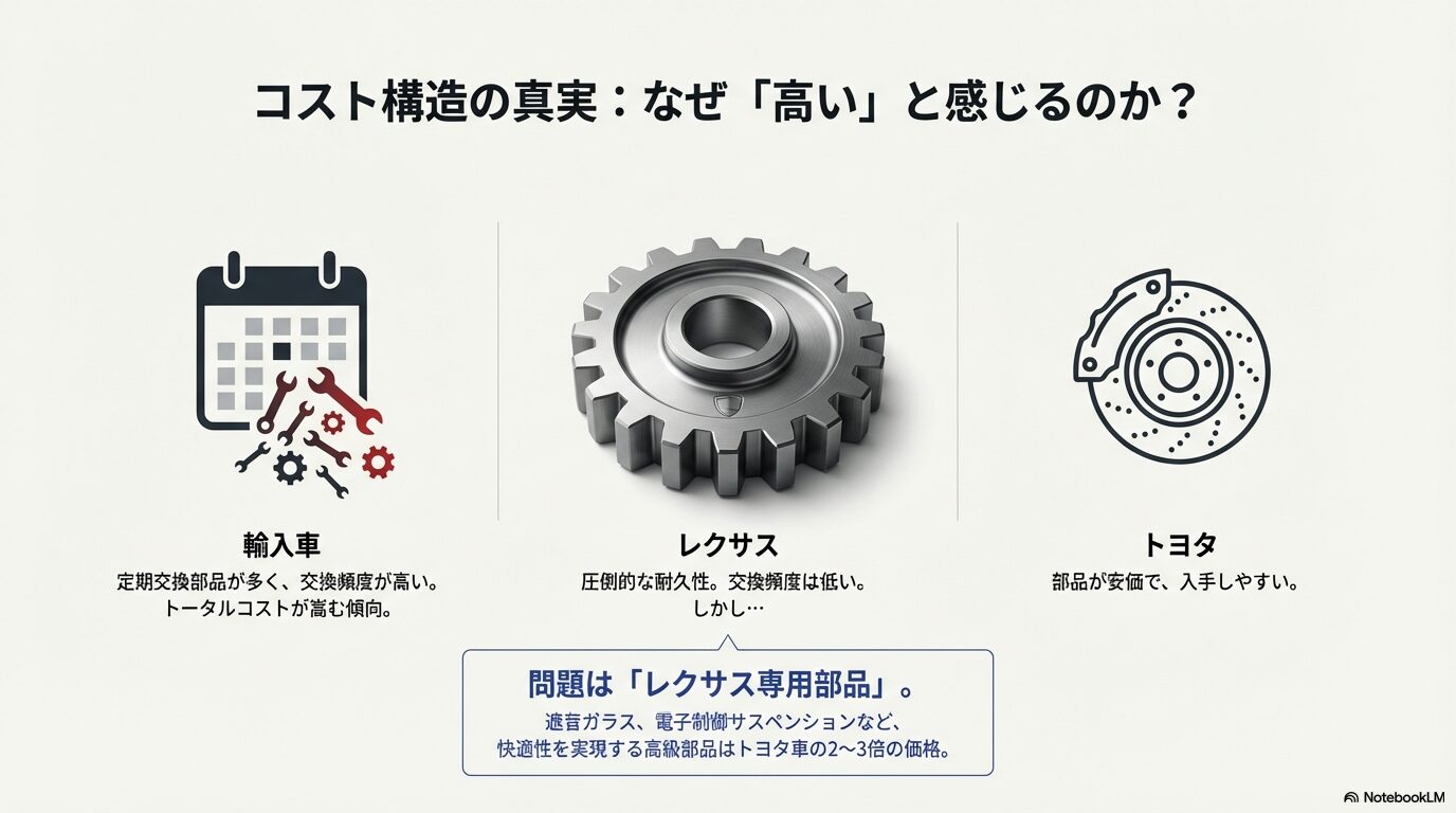 トヨタ車・輸入車と比較したレクサスの部品コスト構造と専用部品の価格差