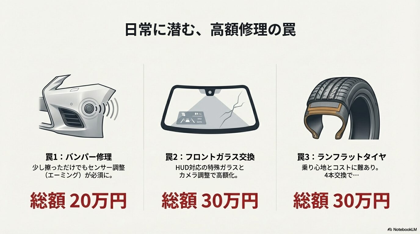 バンパーのセンサー調整・HUD対応ガラス・ランフラットタイヤなどの高額修理要因
