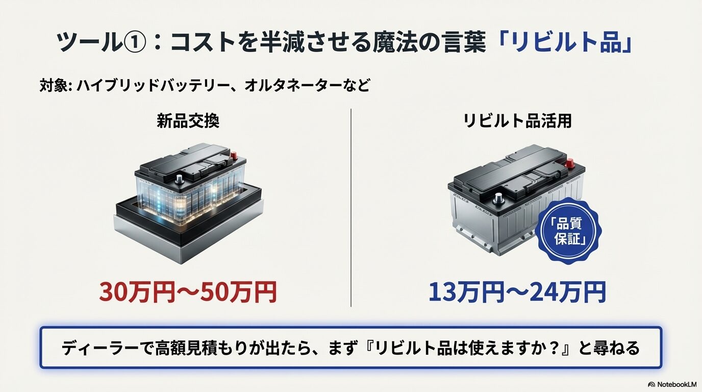 新品交換とリビルト品活用時のハイブリッドバッテリー交換費用の比較