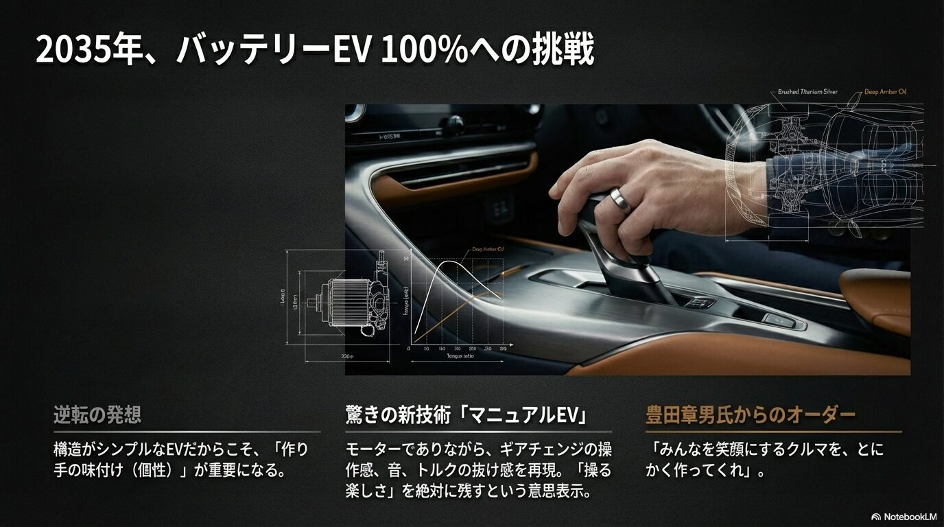 構造がシンプルなEVだからこそ作り手の個性が重要になる。マニュアルEVなどの新技術と豊田章男氏からのオーダー。