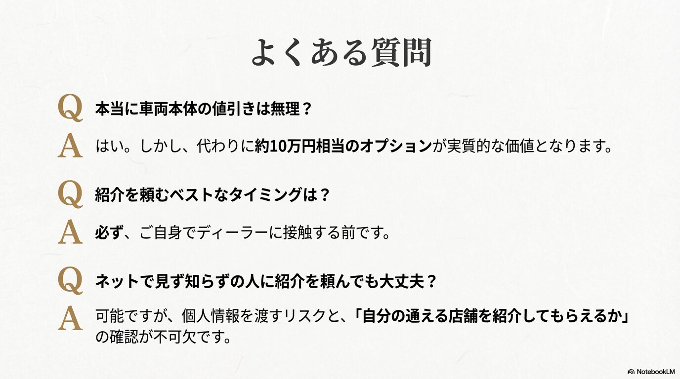レクサスの車両値引き、紹介のタイミング、ネット紹介のリスクに関するQ&A