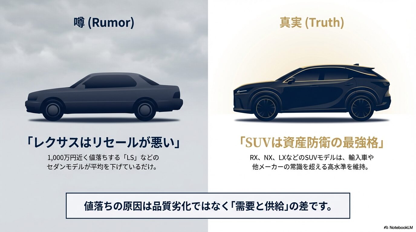 セダンモデルが平均を下げているだけでSUVは資産防衛の最強格であることを示す比較解説