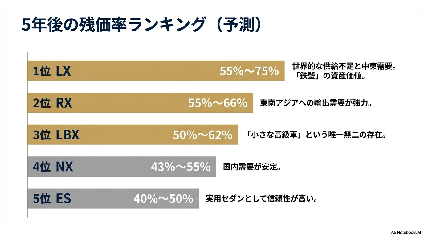 LX、RX、LBX、NX、ESの5年後残価率予測と相場維持の要因をまとめたランキング表