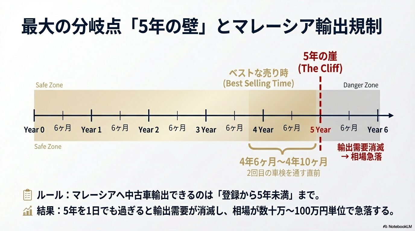 登録から5年を過ぎると輸出需要が消滅し相場が急落することを示すタイムライン画像