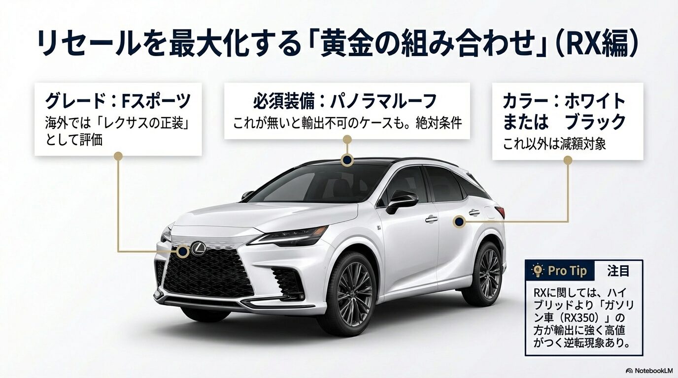 RXのグレード「Fスポーツ」、必須装備「パノラマルーフ」、人気カラー「白・黒」の組み合わせ解説
