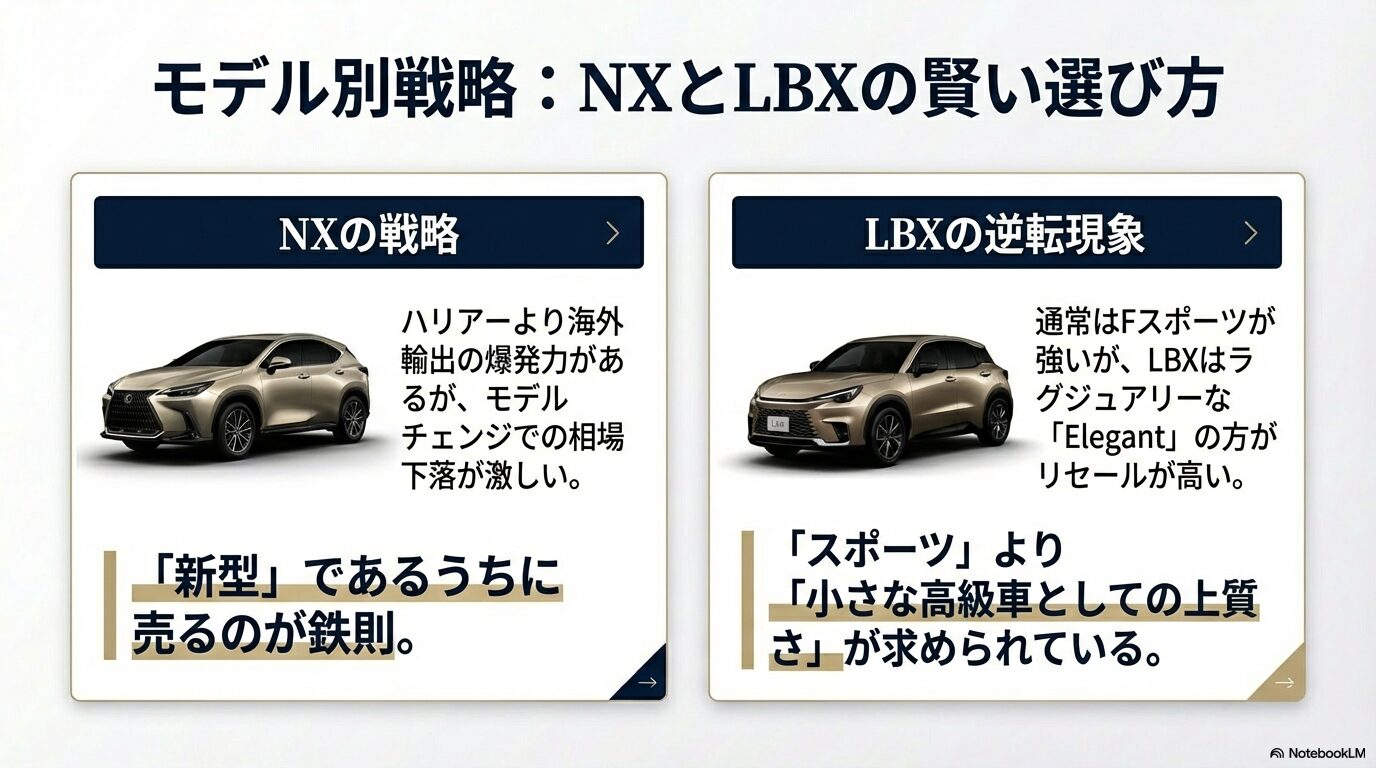 NXは新型のうちに売る鉄則と、LBXはElegantの方がリセールが高い逆転現象の解説