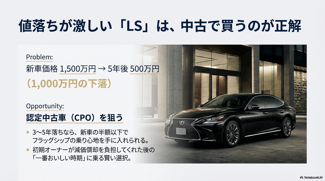 LSの新車価格と5年後の下落幅を示し、3〜5年落ちの中古車を狙うメリットを解説するスライド