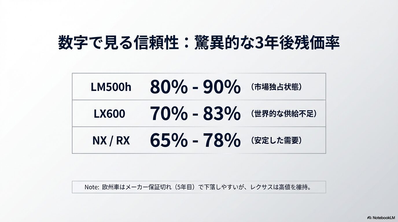 LM500h、LX600、NX、RXの驚異的な3年後残価率を示すデータ表