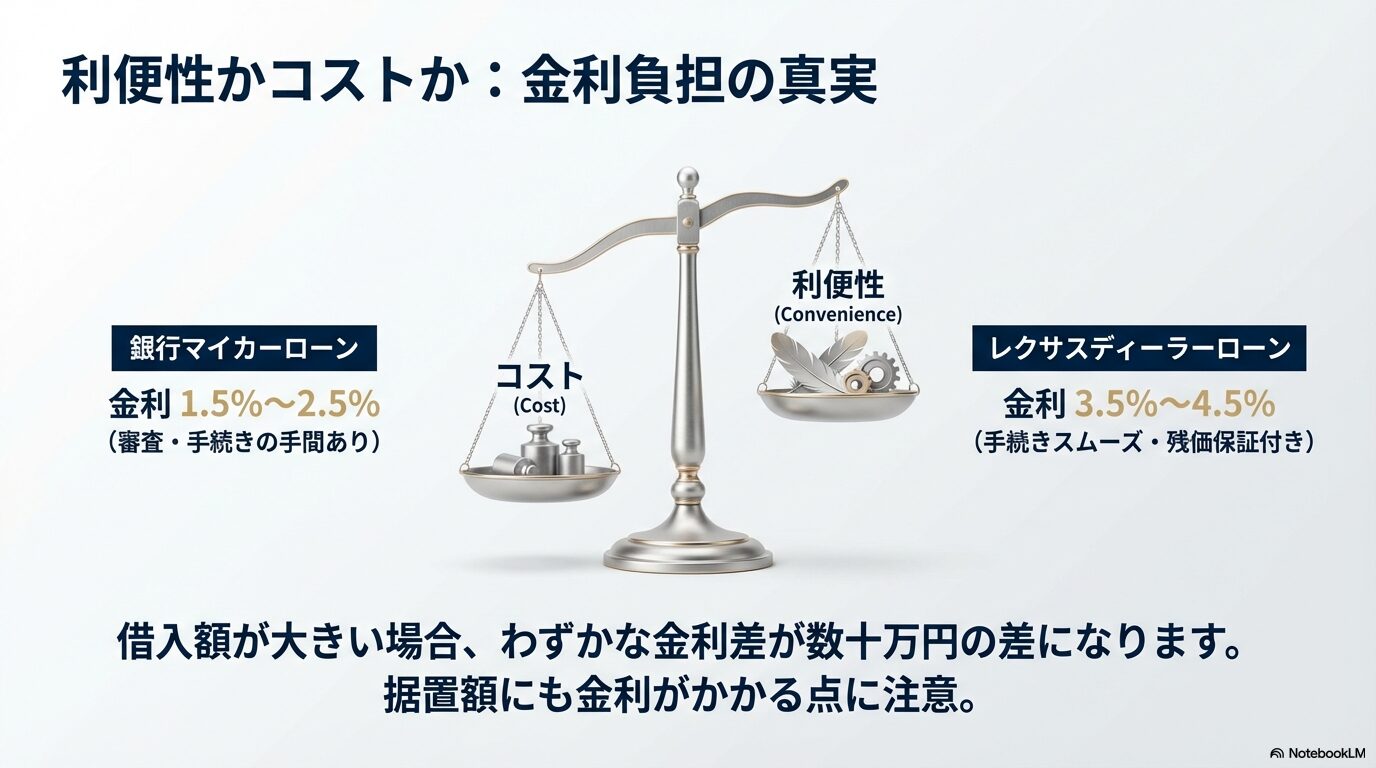 レクサスディーラーローンと銀行マイカーローンの金利差と利便性の天秤図解