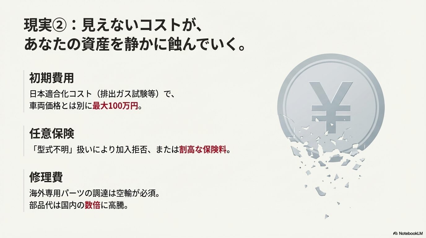 日本適合化コスト最大100万円、任意保険の加入拒否、海外パーツ空輸による修理費高騰を説明するスライド