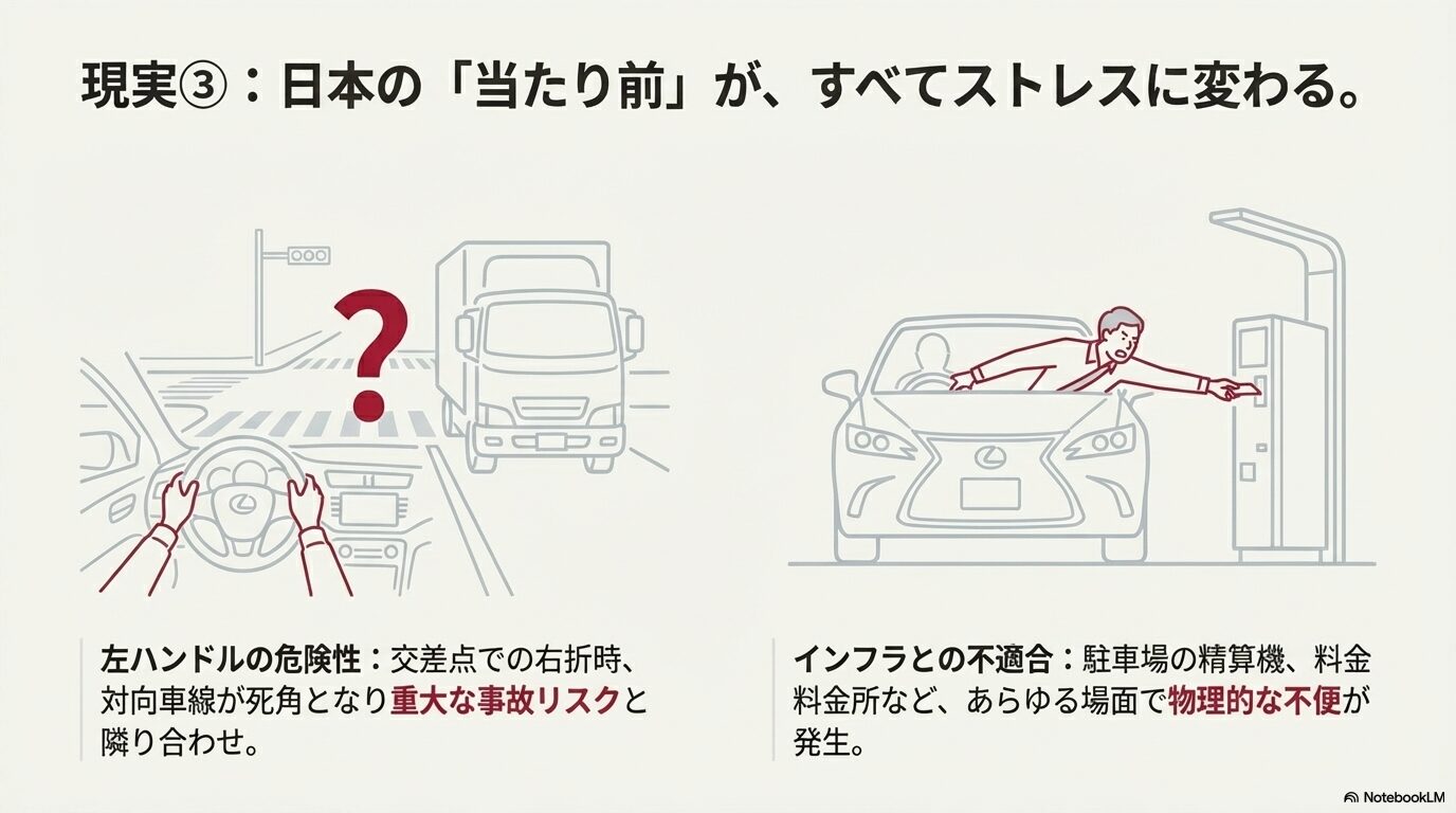 交差点右折時の死角による事故リスクと、駐車場の精算機が届かない物理的な不便さを描いたイラストスライド