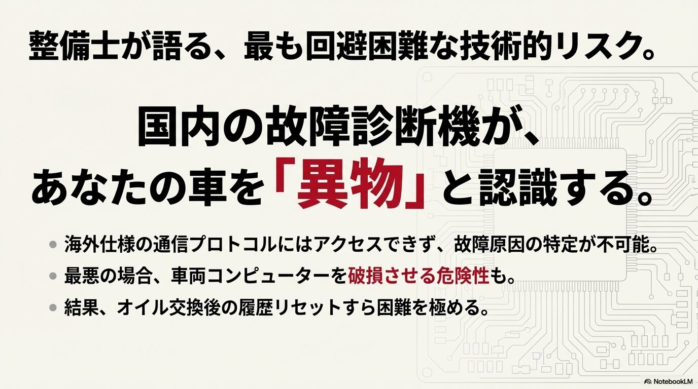 国内の故障診断機が海外仕様車を「異物」と認識し、コンピューター破損の危険や履歴リセットの困難さを説明するスライド