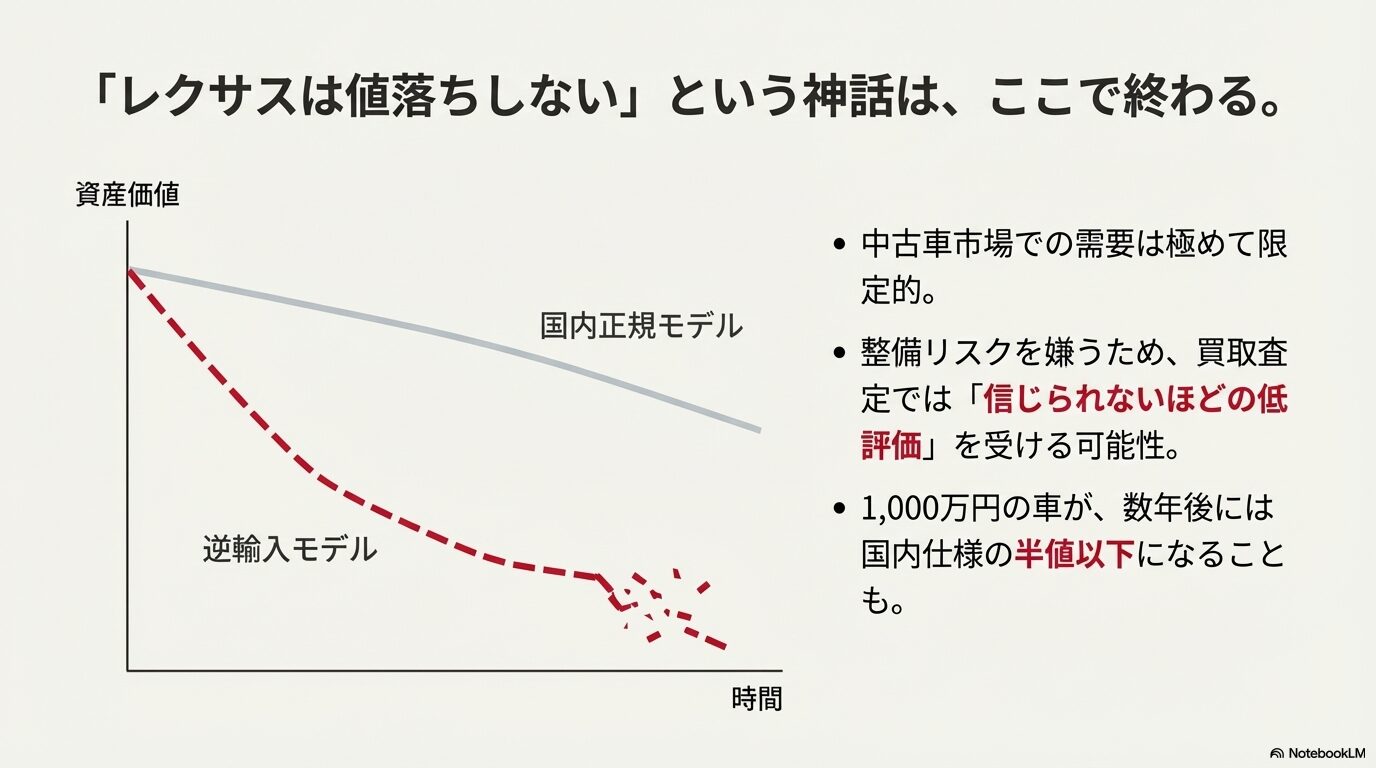 時間経過とともに国内正規モデルより逆輸入モデルの方が大幅に資産価値が下落することを示す比較グラフ