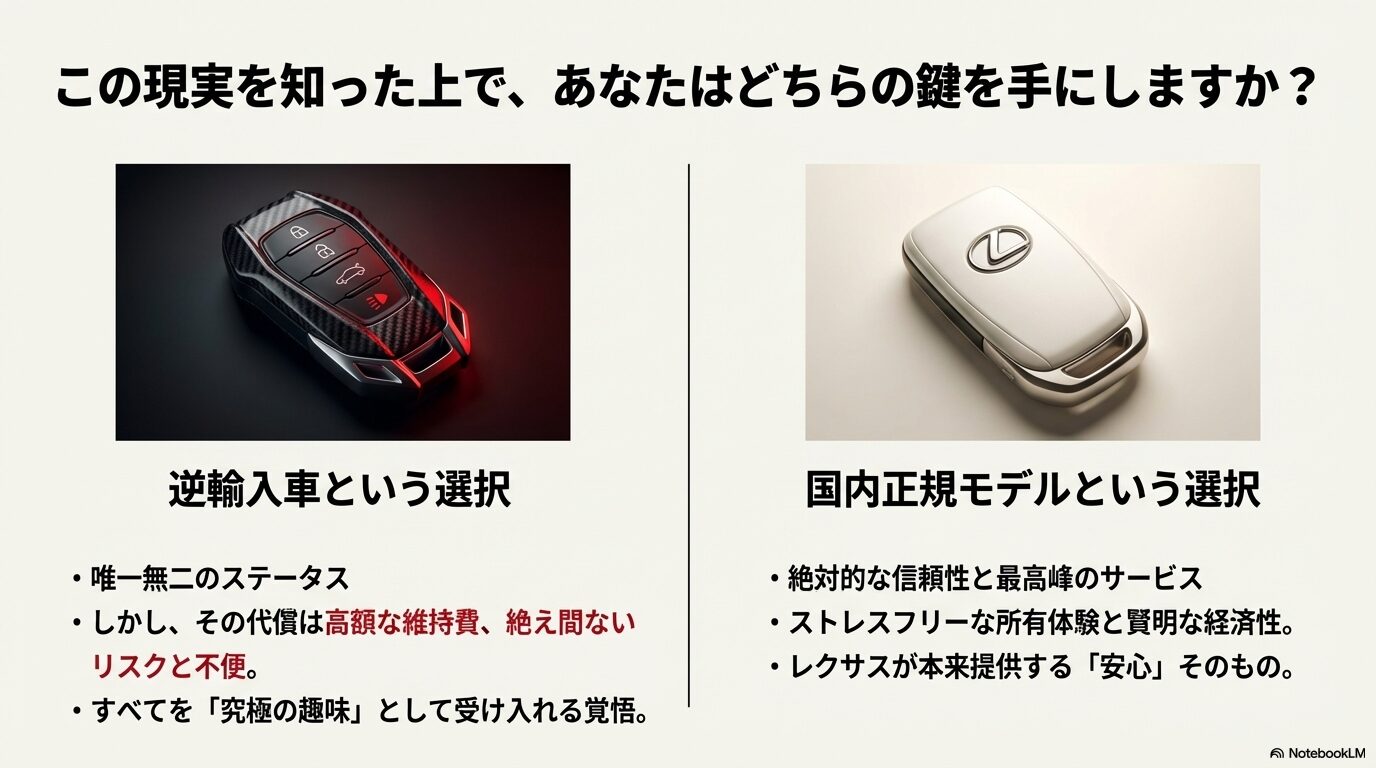 ステータスとリスクを天秤にかける逆輸入車と、信頼と安心を提供する国内正規モデルの二つの選択肢を比較したスライド