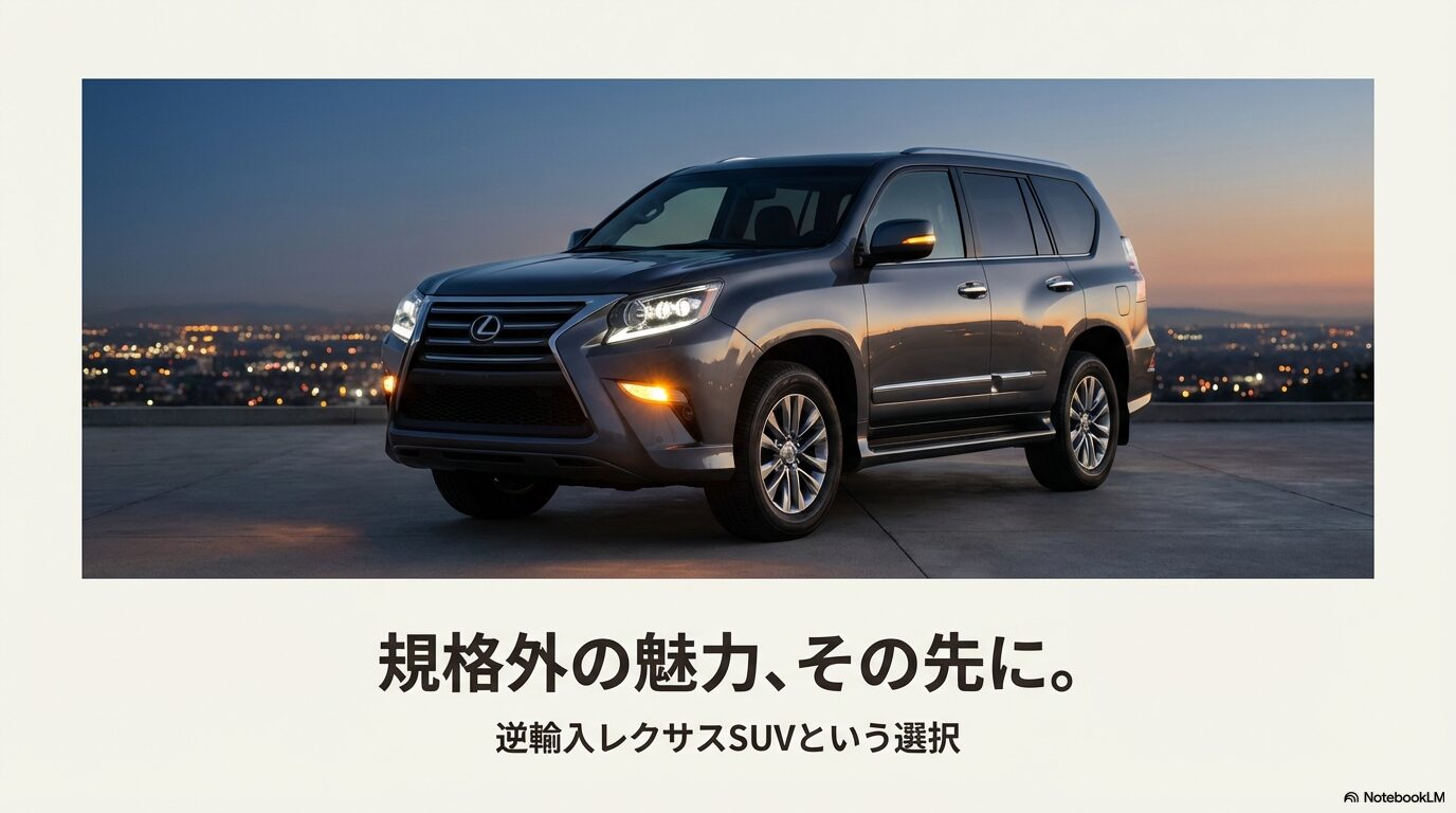 夕暮れ時のレクサスGX460の車体と記事タイトル「逆輸入レクサスSUVという選択」