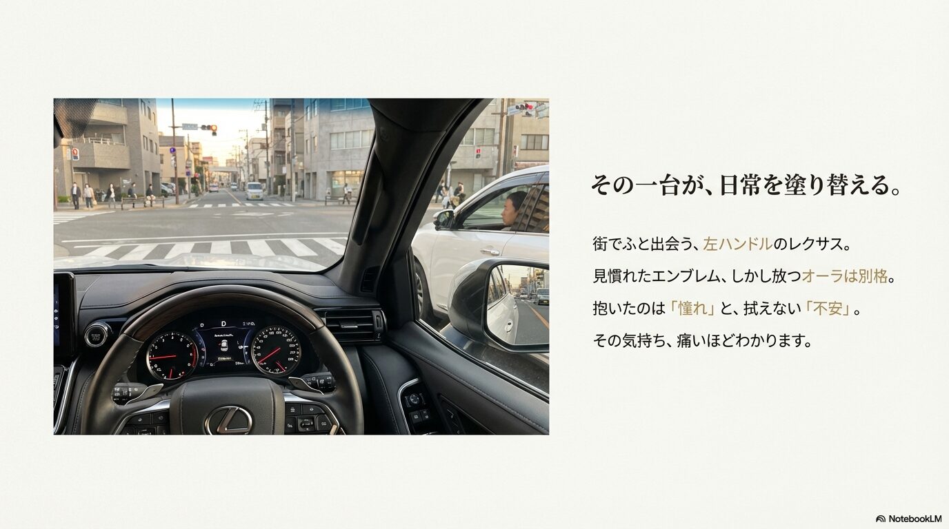 日本の街中を走る左ハンドルレクサスの運転席視点と、すれ違う白いレクサスSUVのイメージ