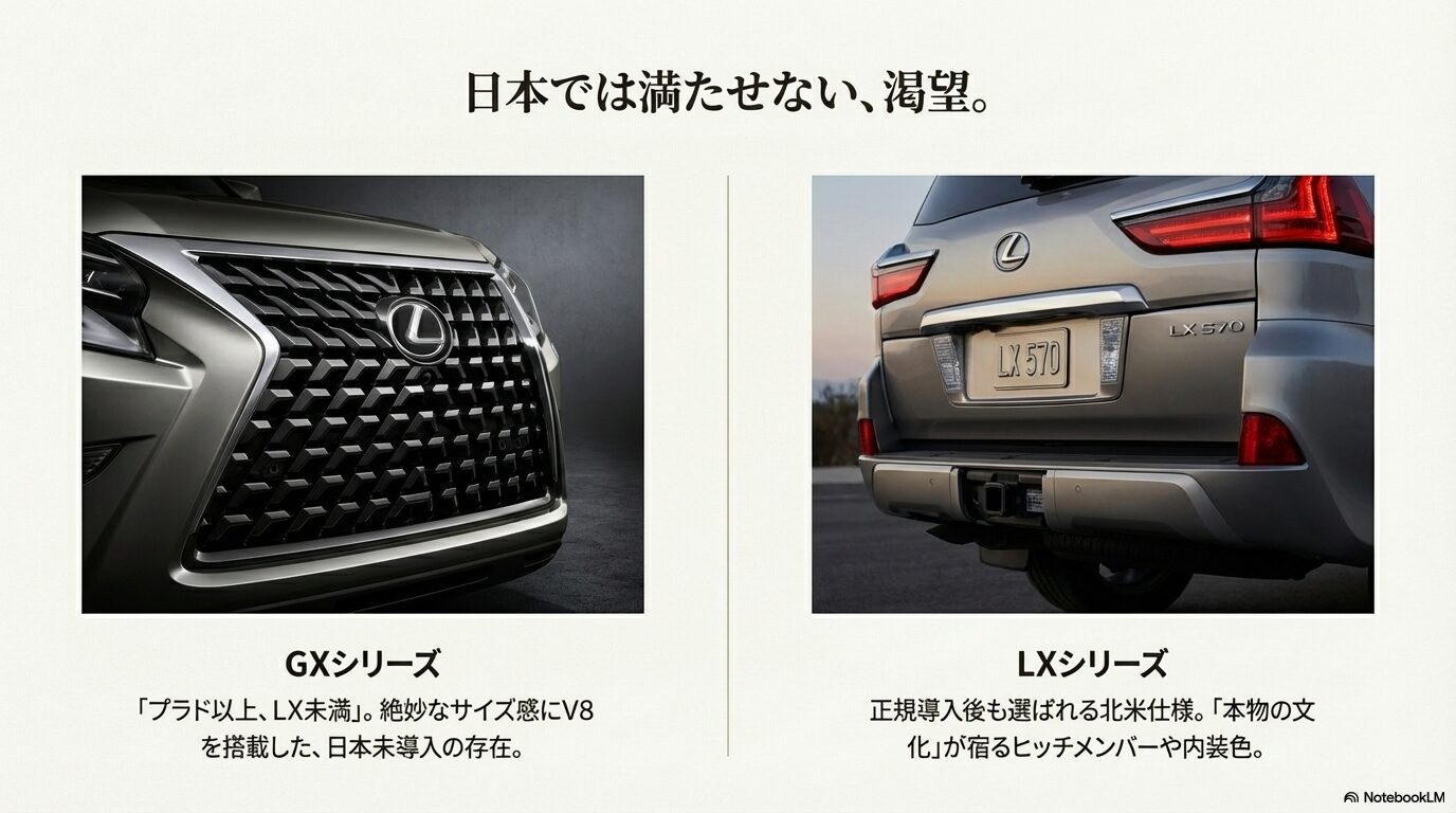 レクサスLX570の北米仕様スピンドルグリルと標準装備されたトレーラーヒッチメンバーのクローズアップ