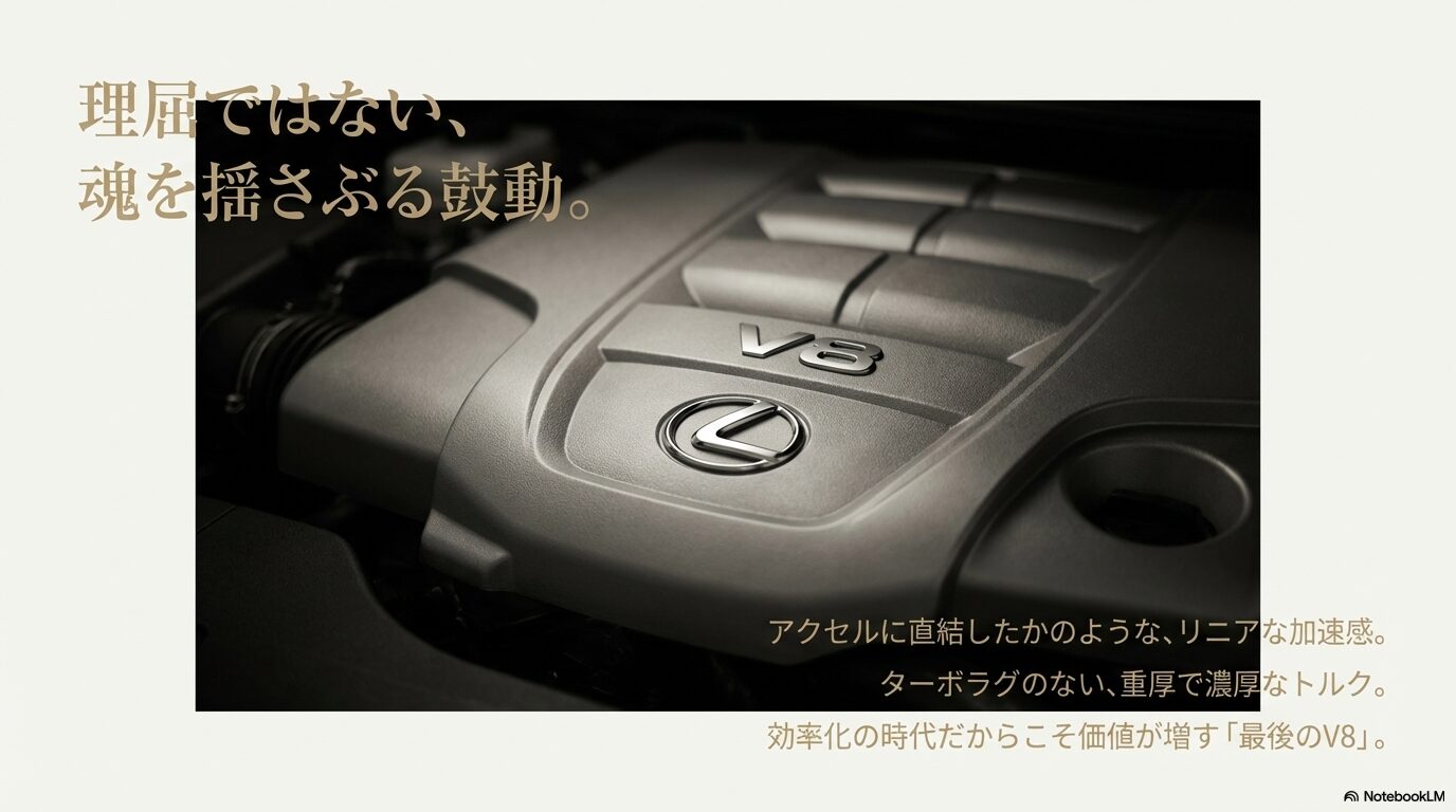 レクサス逆輸入車に搭載されるV8エンジンの魅力「理屈ではない魂を揺さぶる鼓動」を表現したイメージ