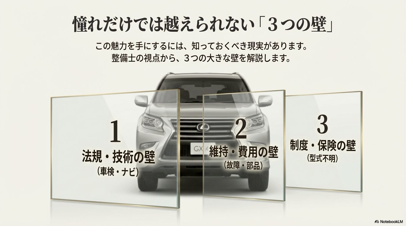 レクサス逆輸入車所有における「法規・技術」「維持・費用」「制度・保険」の3つの壁を解説した図解
