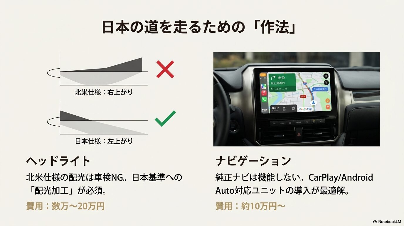 北米仕様(右上がり)と日本仕様(左上がり)のヘッドライト配光特性の違いと、ナビゲーション問題を図解したスライド