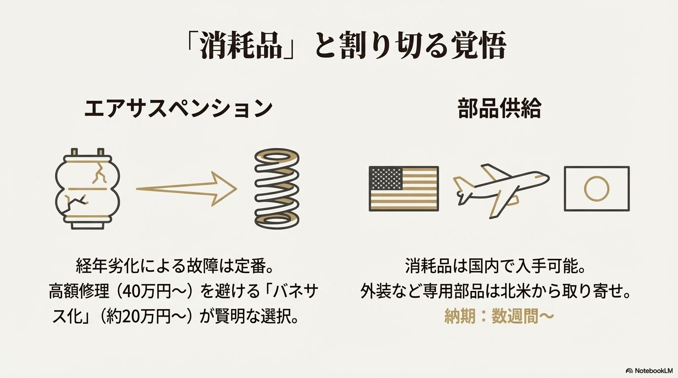経年劣化したエアサスペンションのイラストと、金属バネ(コイルサス)への交換・構造変更を示す図解