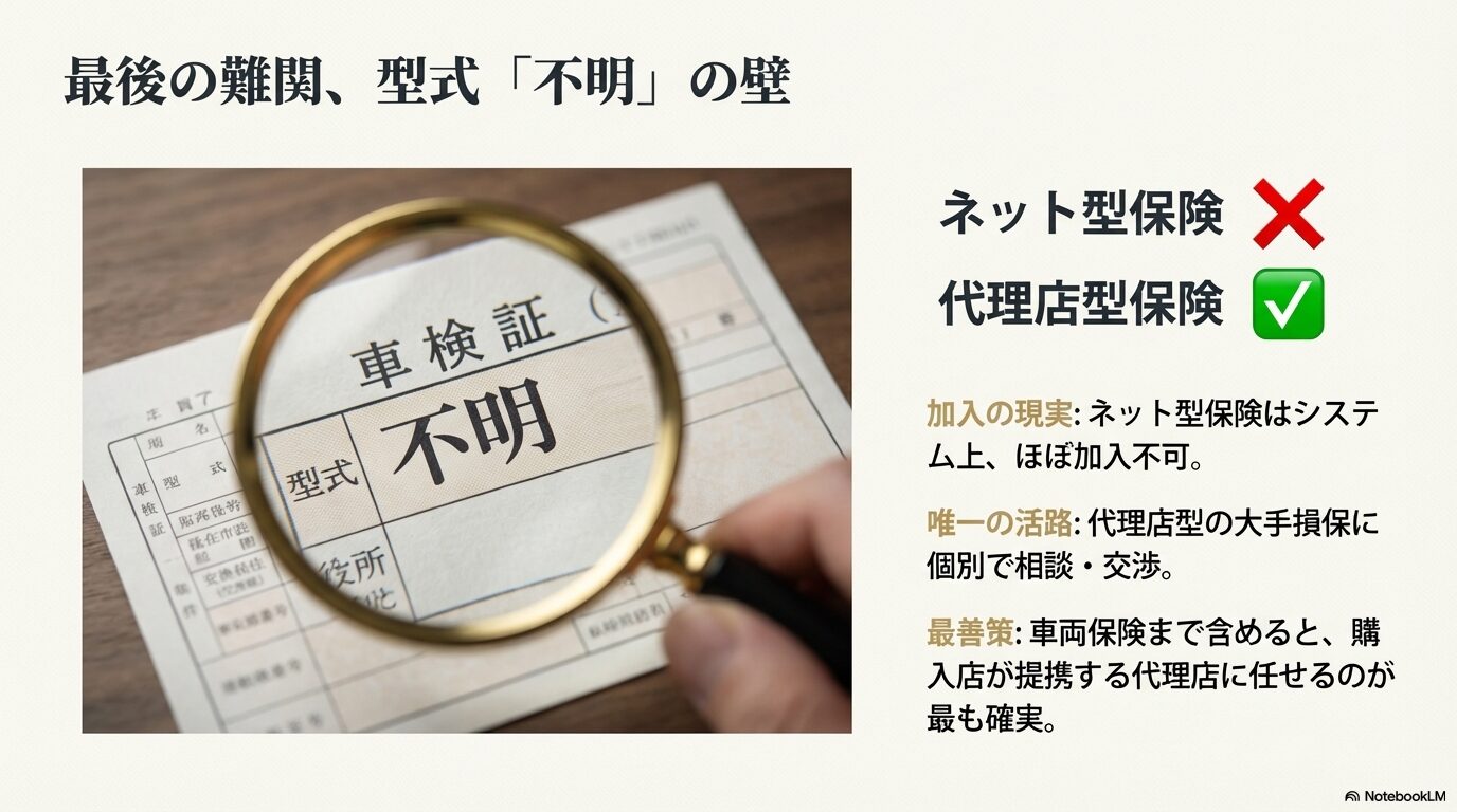 車検証の型式欄に記載された「不明」の文字と虫眼鏡、ネット型保険加入不可のリスクを説明するイメージ