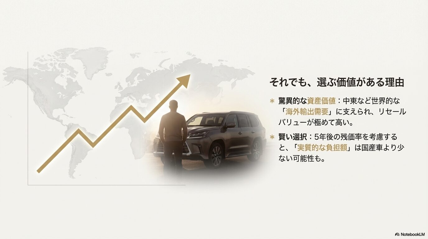 海外輸出需要に支えられたレクサス逆輸入SUVの高い資産価値と、実質負担額の低さを説明するスライド