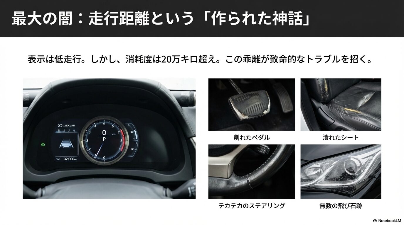 削れたペダルやテカテカのステアリングなど走行距離と消耗度の乖離をチェックするポイント