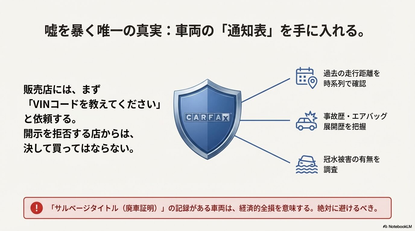 VINコードの重要性とCARFAXで確認できる走行距離・事故歴・冠水被害の項目