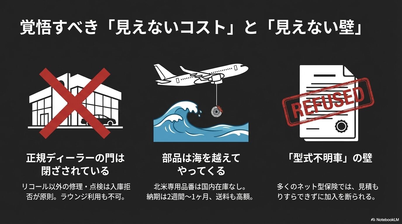 正規ディーラーの入庫拒否、部品納期、型式不明車による保険加入の難しさの解説