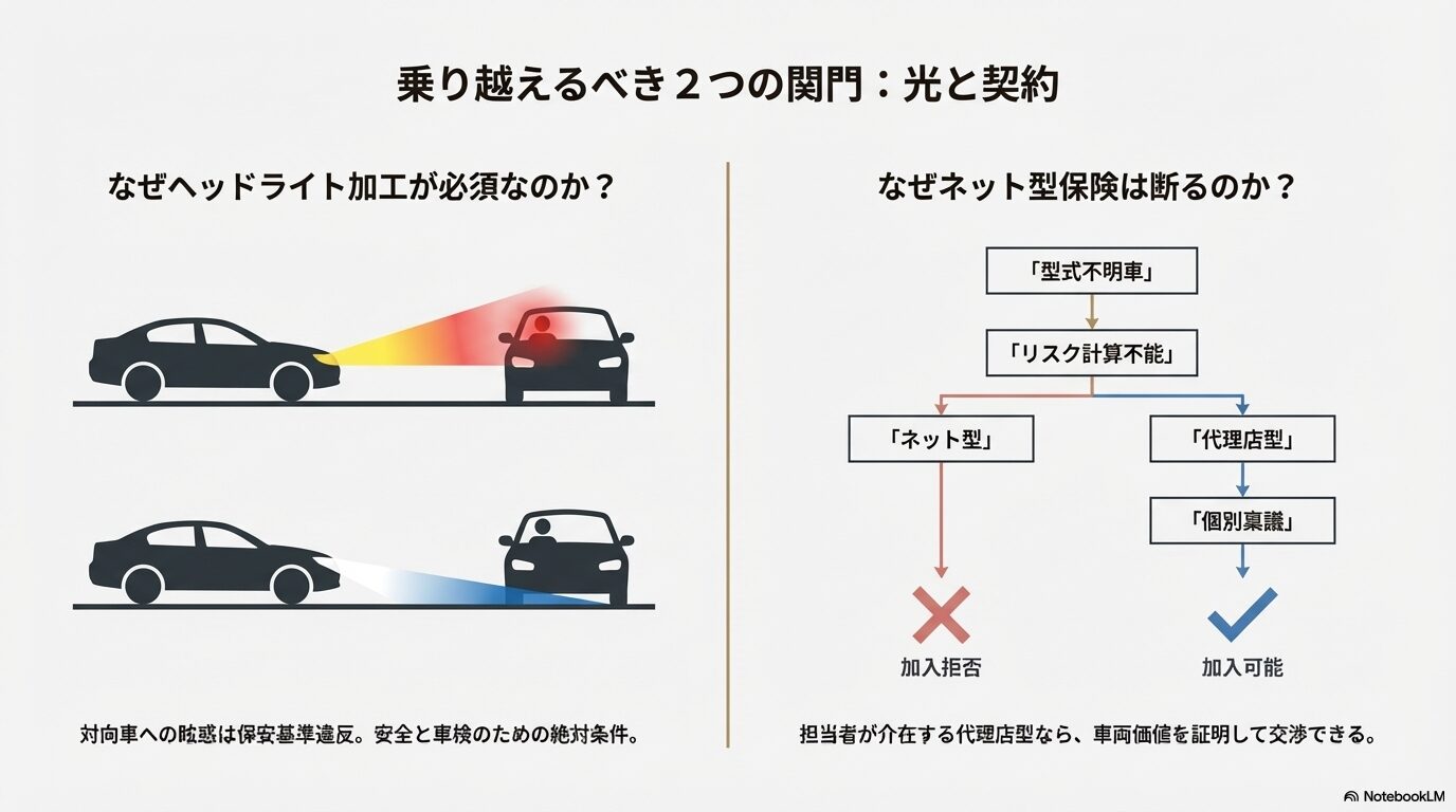 ネット型保険(加入拒否)と代理店型保険(個別交渉で加入可能)の違いを示す図解