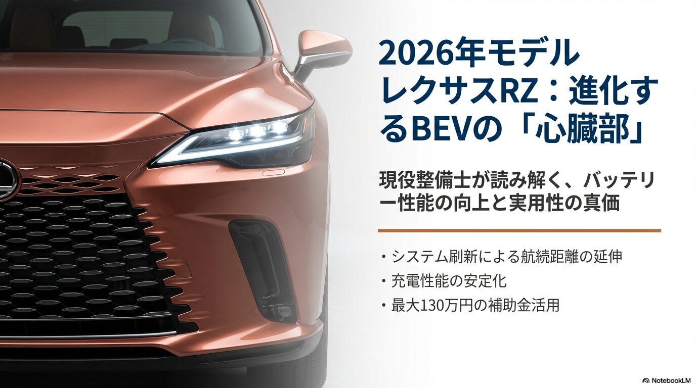 2026年モデルのレクサスRZの進化について、現役整備士がバッテリー性能や航続距離、最大130万円の補助金について解説するスライドの表紙。