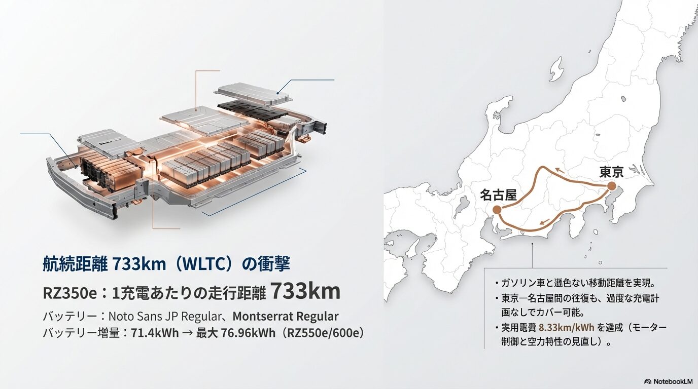 レクサスRZのバッテリー構造のイラストと、RZ350eの航続距離733km(WLTC)、バッテリー容量が最大76.96kWhへ増量されたことを示すスライド。