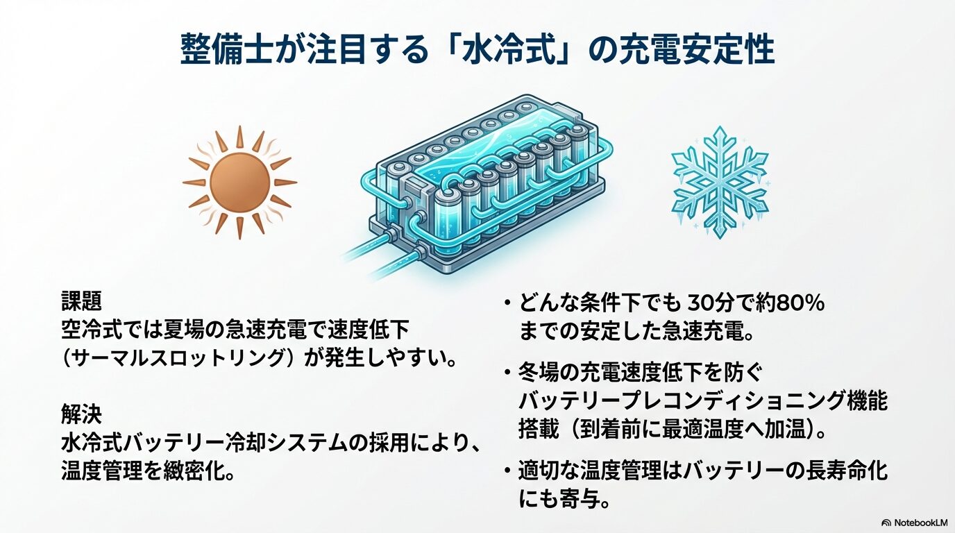 太陽と雪のアイコンと共に、水冷式バッテリー冷却システムの採用で充電速度低下を克服し、30分で80%の安定充電やプレコンディショニング機能を紹介するスライド。