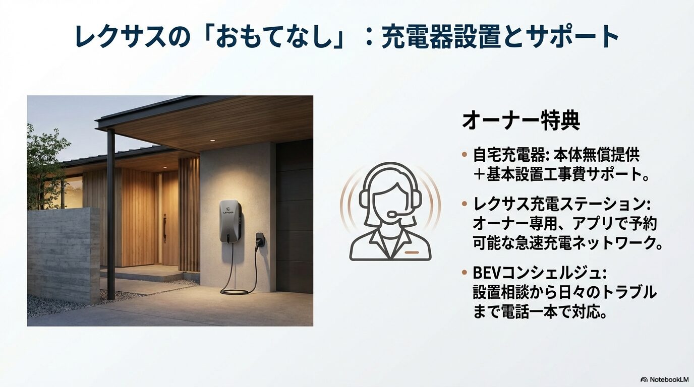 自宅用充電器の写真とコンシェルジュのイラスト。本体無償提供、設置工事費サポート、予約可能な充電ステーション、BEVコンシェルジュのサービスを紹介するスライド。