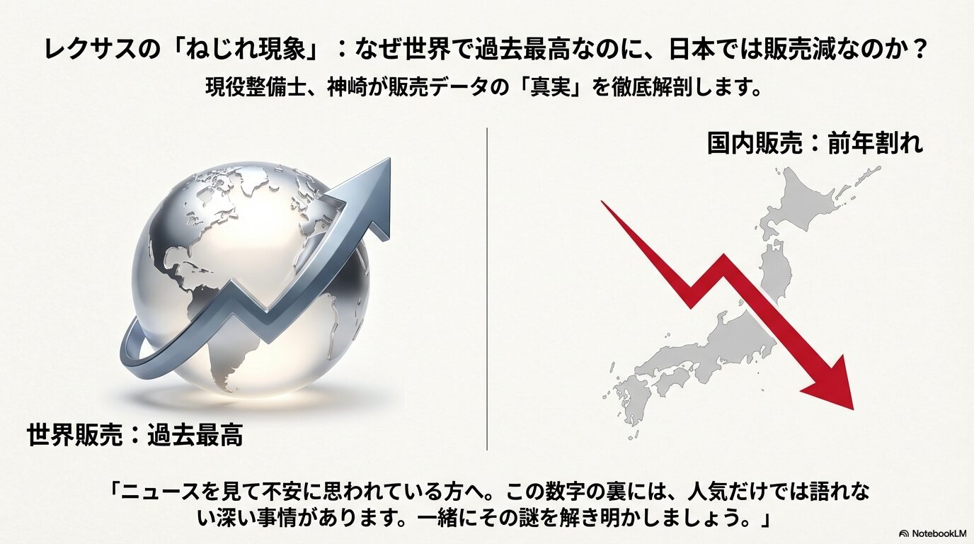 地球儀と上昇する矢印のイラスト。2024年レクサス販売の「世界で過去最高、日本で販売減」というねじれ現象を表す表紙画像