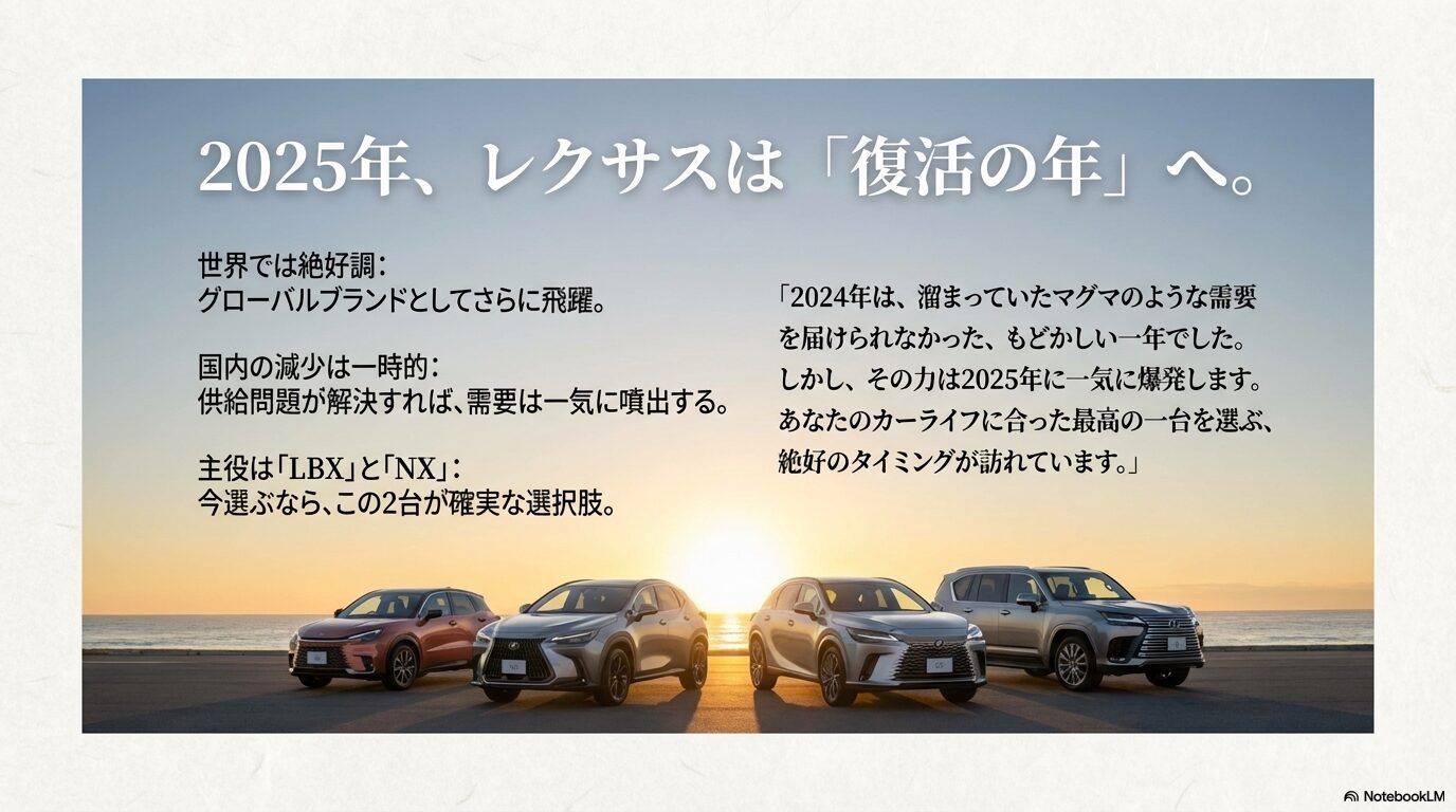 2025年はレクサス復活の年になることを示すスライド。供給問題解決による需要の爆発とLBX/NXの推奨