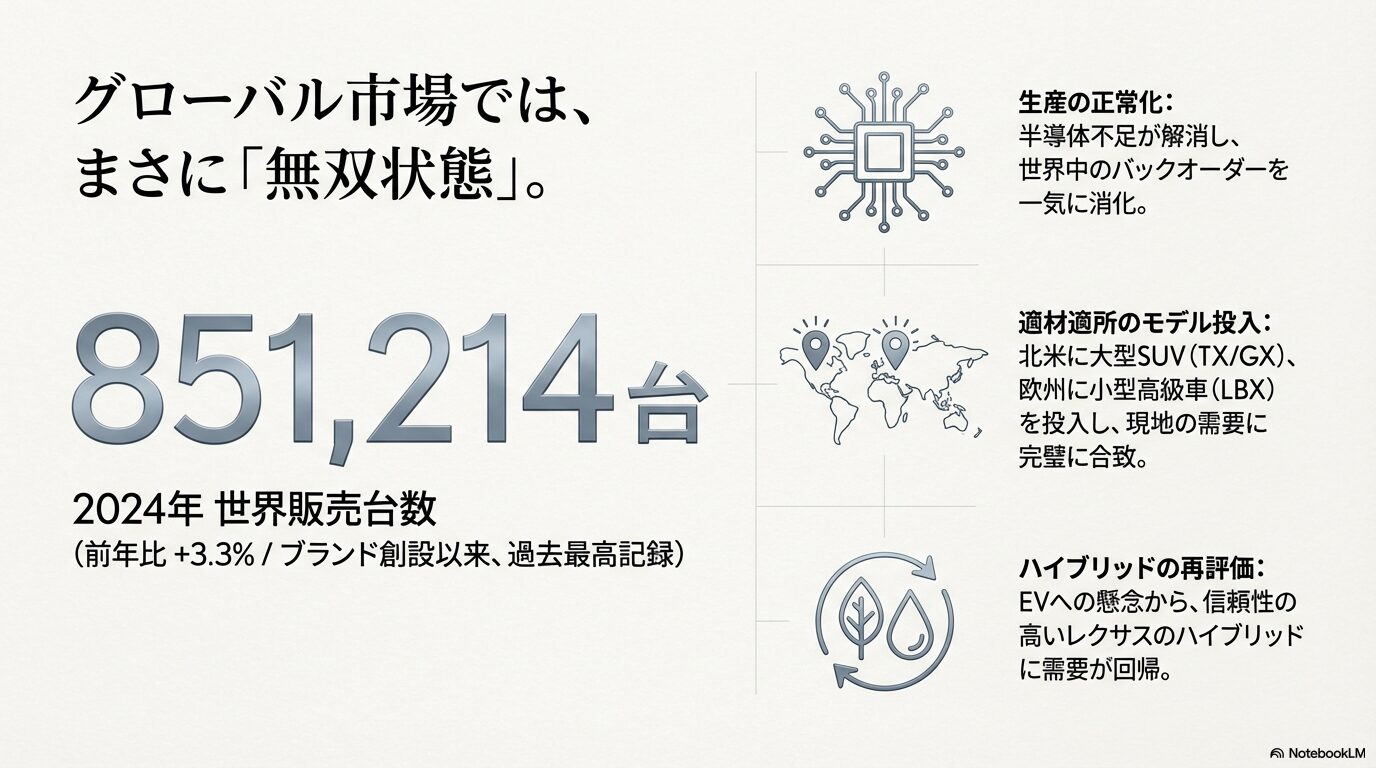 半導体、世界地図、リサイクルマークのアイコン。2024年レクサス世界販売851,214台達成の背景にある「生産正常化」「適材適所」「HV再評価」の3要素