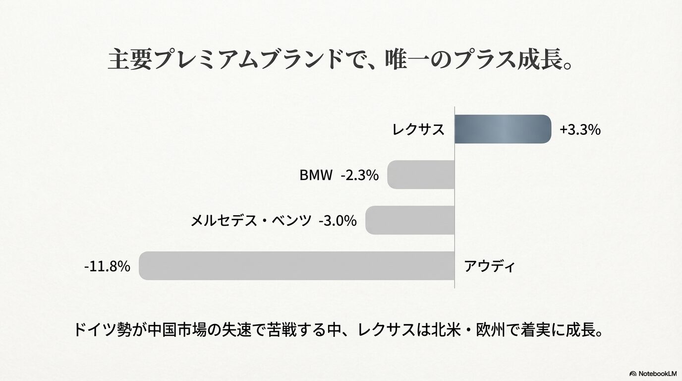 レクサス(+3.3%)とドイツ御三家(BMW, ベンツ, アウディ)のマイナス成長を比較した横棒グラフ。主要ブランドで唯一のプラス成長を示す