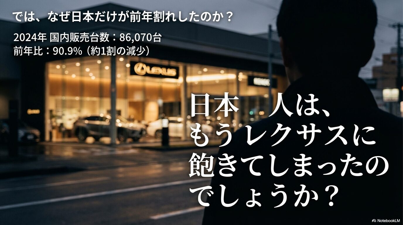 2024年レクサス国内販売台数86,070台（前年比90.9%）を示すグラフ。「日本人はレクサスに飽きたのか？」という問いかけ