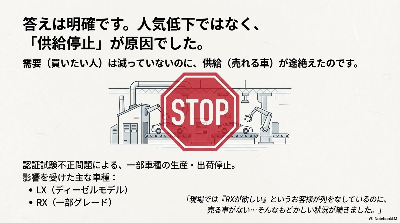 工場のラインとSTOPの標識のイラスト。人気低下ではなく供給停止が販売減の原因であることを解説する図解