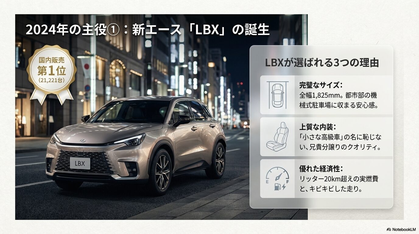 レクサスLBXの販売台数21,221台（国内1位）と、サイズ・内装・燃費という3つの強みを解説したスライド