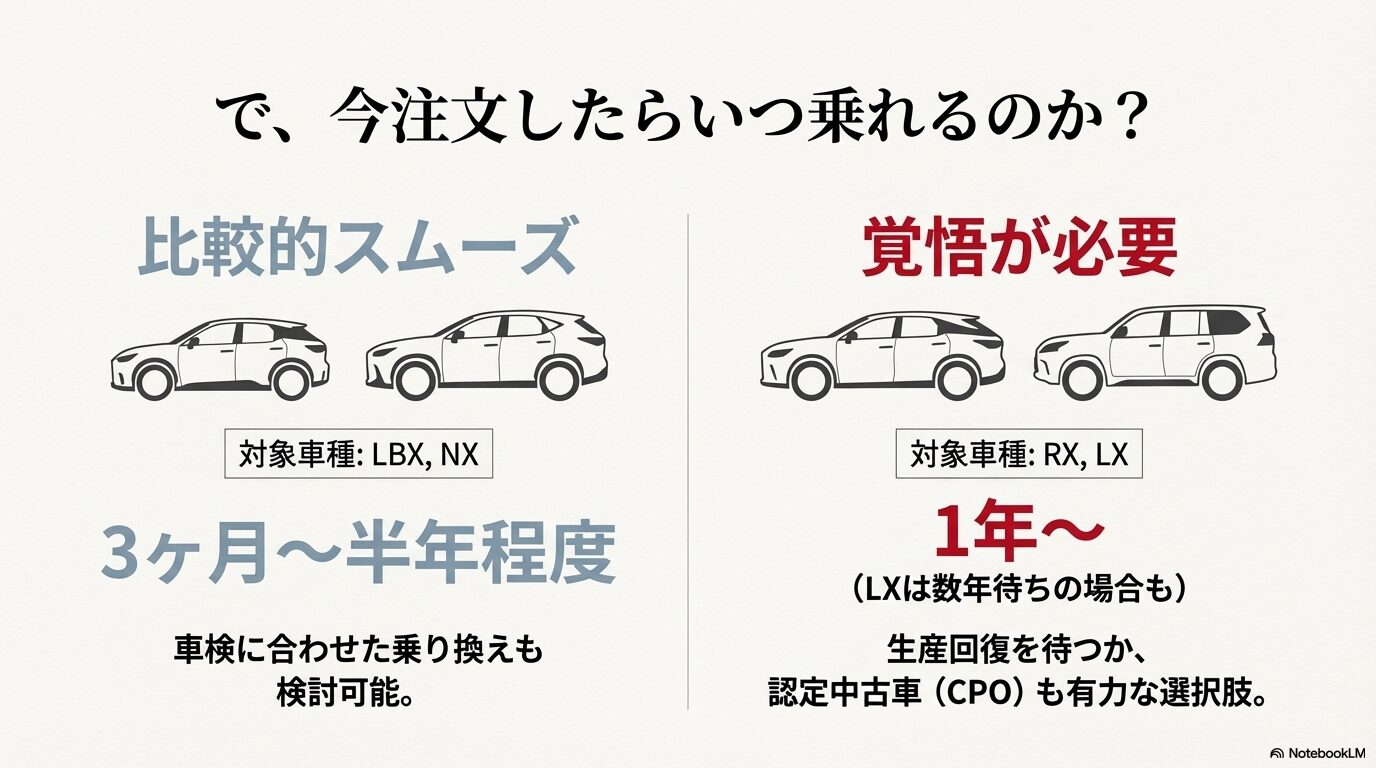 レクサスの車種別納期目安。LBX/NXは比較的スムーズ（3ヶ月〜半年）、RX/LXは覚悟が必要（1年〜）であることを示す図