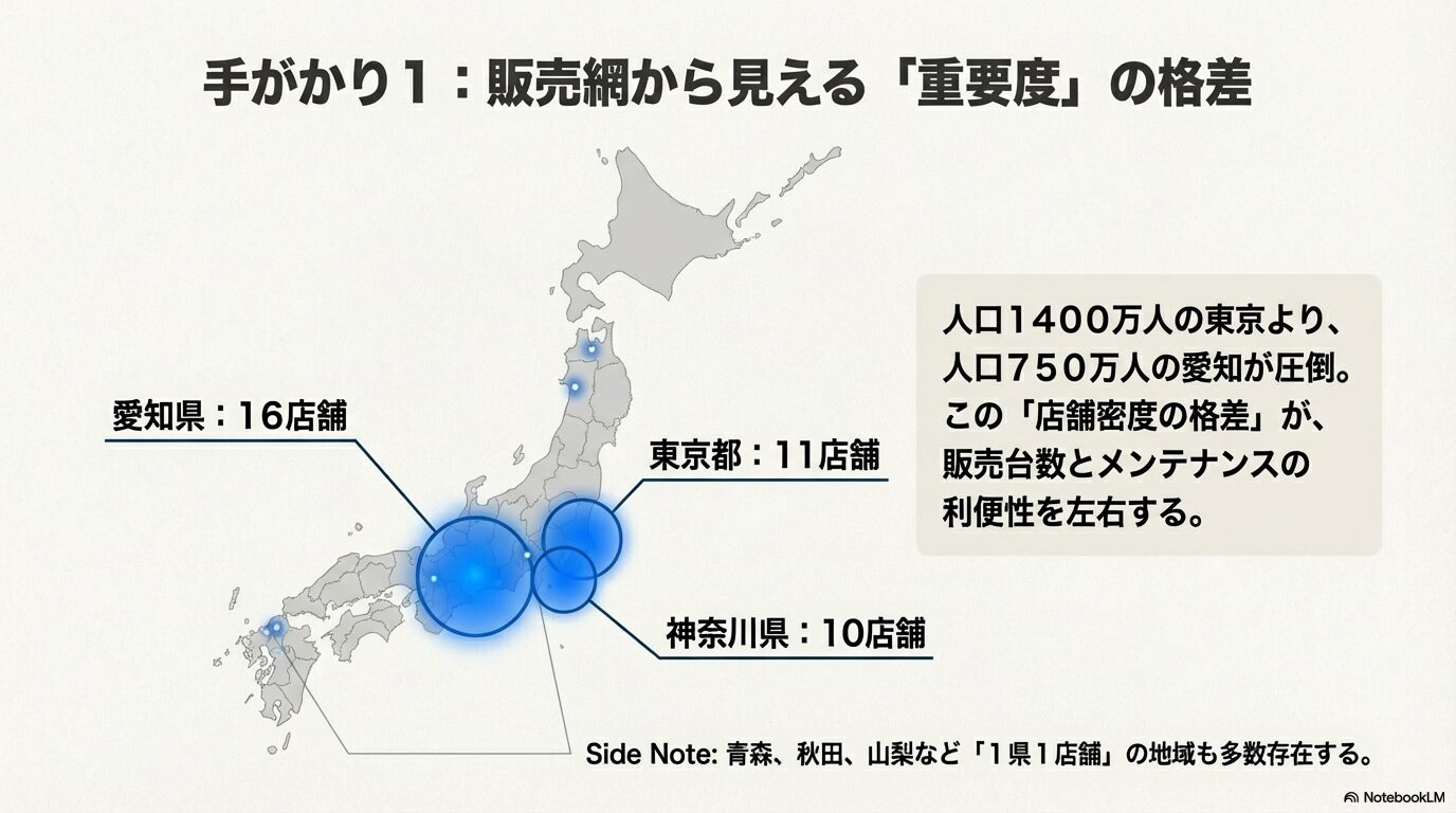 日本地図上で比較する愛知県16店舗と東京都11店舗のディーラー数格差