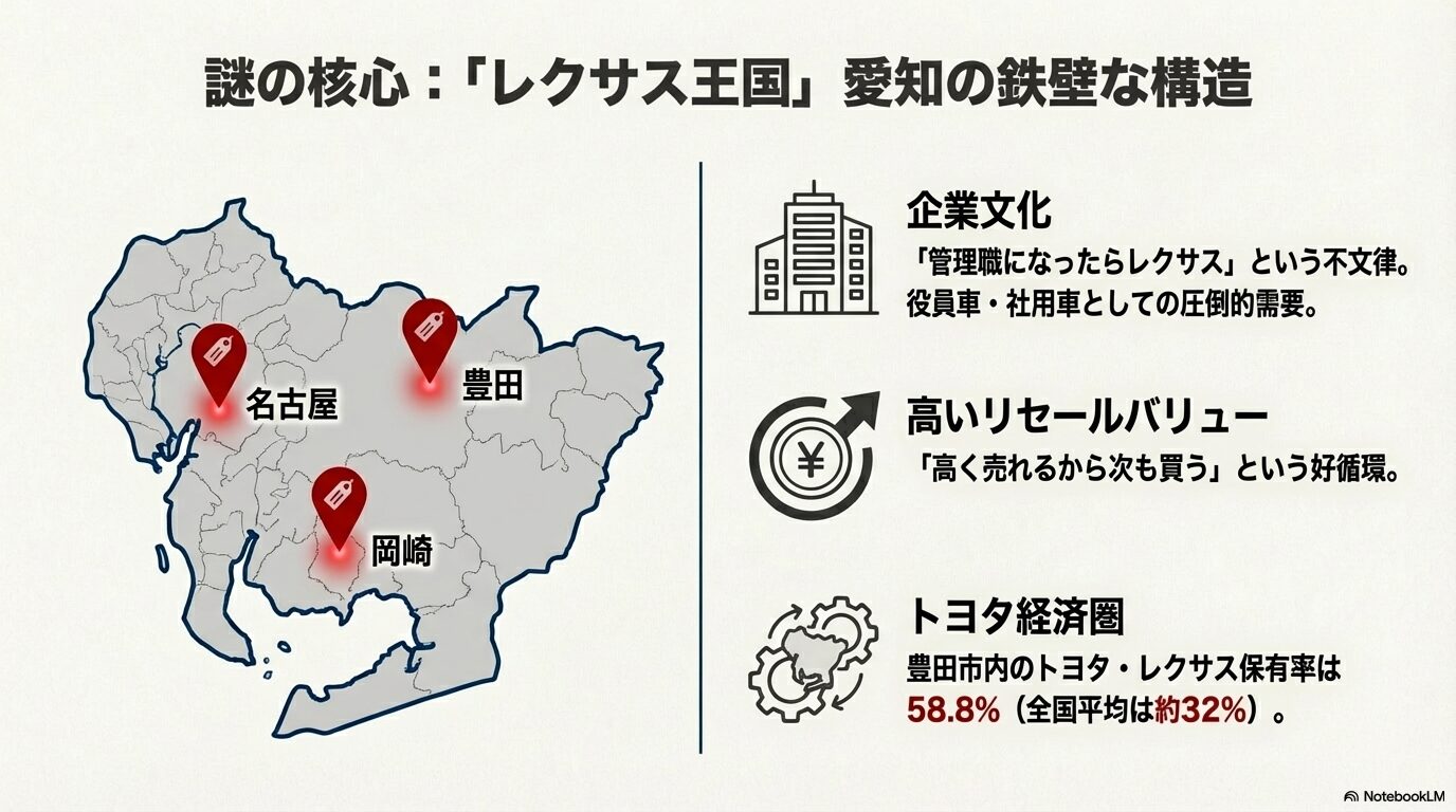 愛知県内のレクサス主要拠点（名古屋・豊田・岡崎）と豊田市の保有率58.8%を示す地図