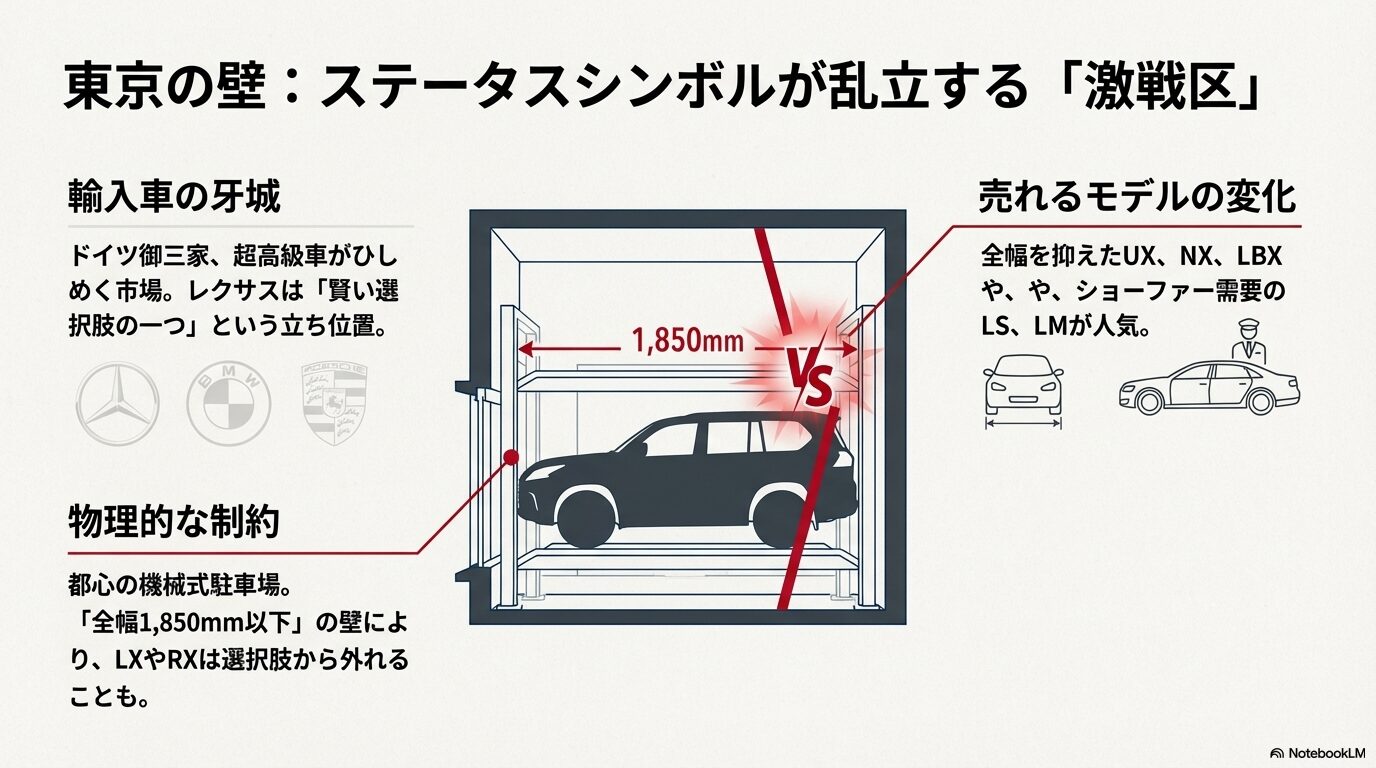 都心の機械式駐車場の全幅1,850mm制限とレクサス大型SUVのサイズ比較イラスト